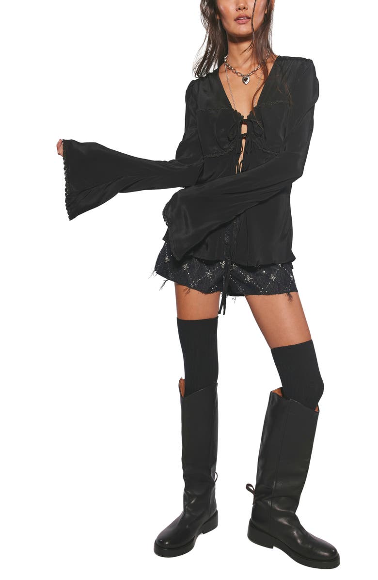 Free People Bali Bell Sleeve Tie Front Top, Alternate, color, Black