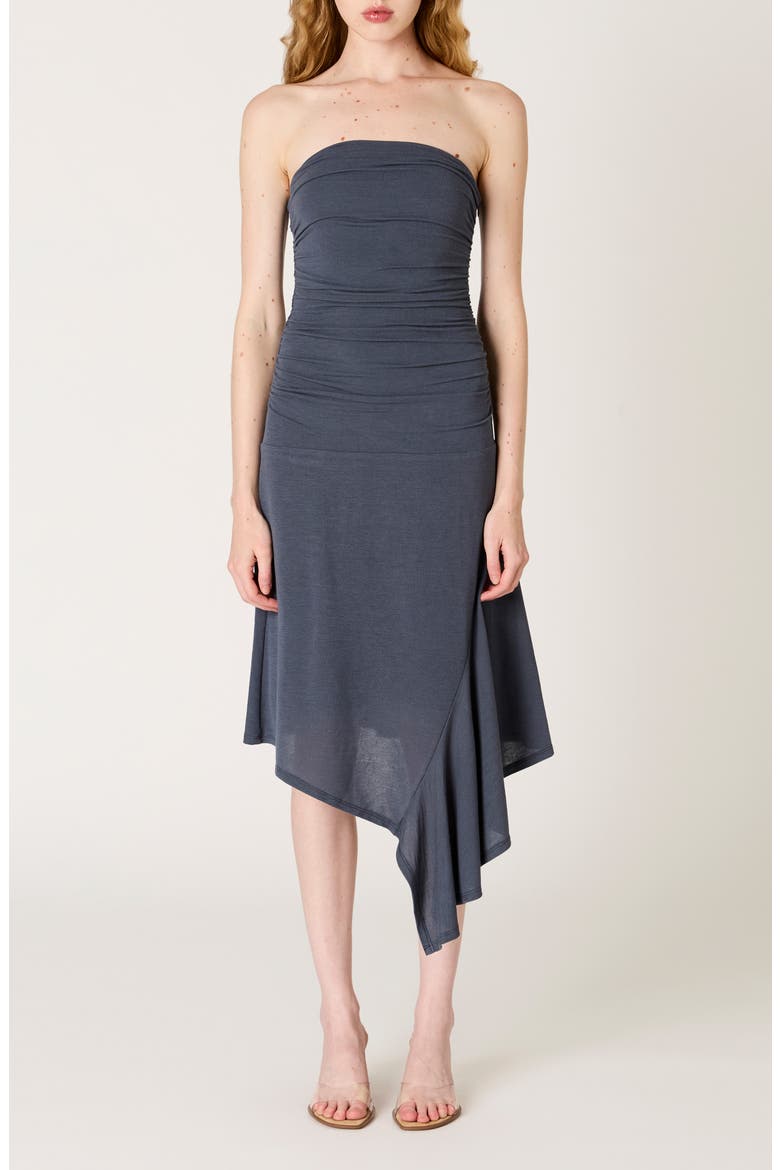 Sabela Ruched Strapless Asymmetric Midi Dress, Main, color, INDIGO