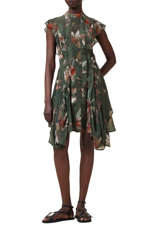 Allsaints Womens Adena Khaki Gr Fleur Floral-print Asymmetric-hem Woven Mini Dress