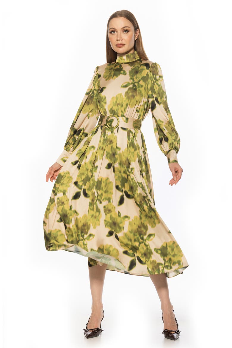 Safiya Long Sleeve Belted Fit & Flare Dress, Alternate, color, GREEN FLORAL