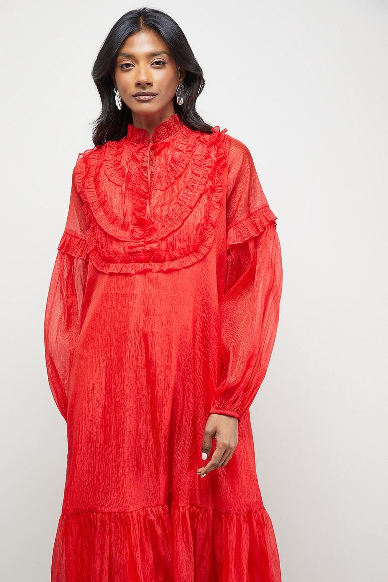 Crinkle Stripe Frill Midi Dress, Alternate, color, Red