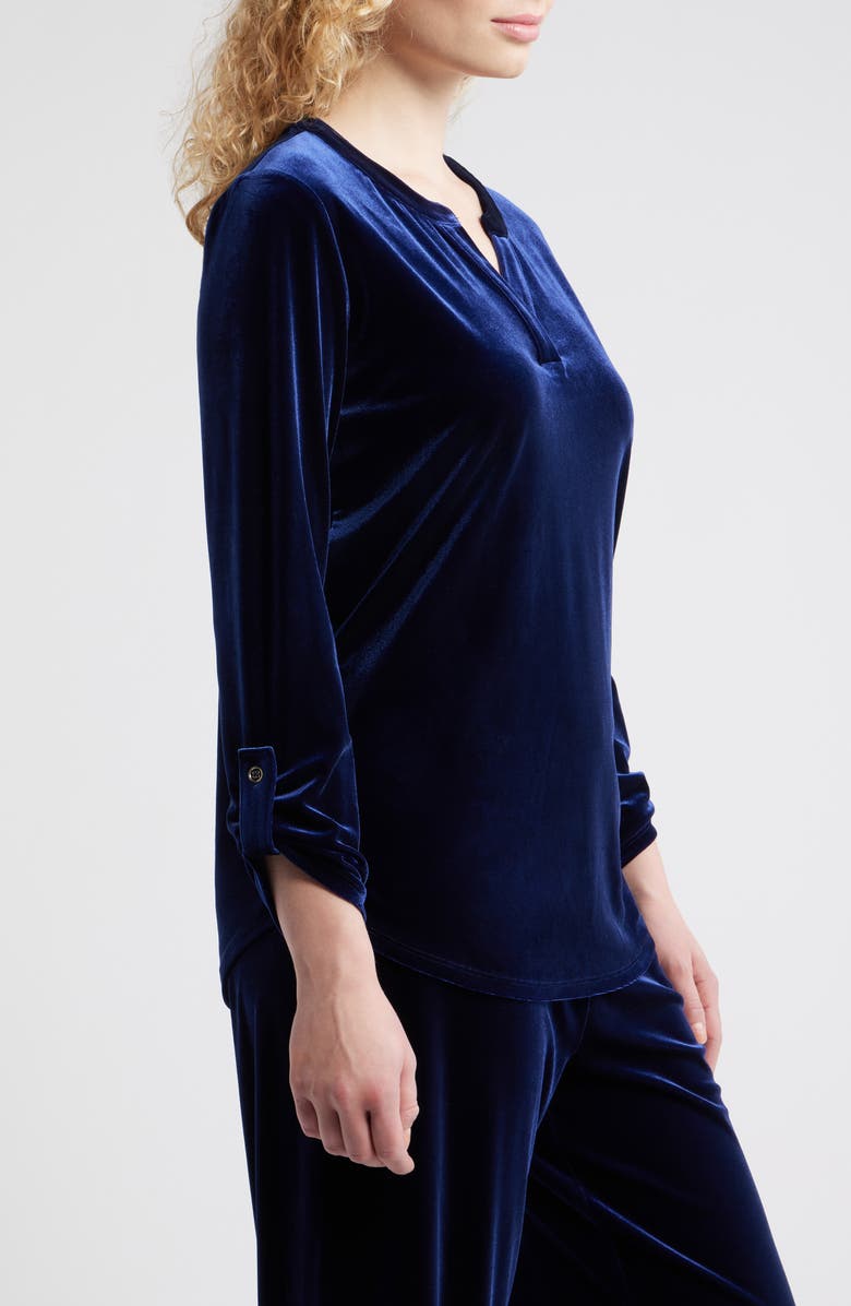AK ANNE KLEIN Velvet Split Neck Top, Alternate, color, Admiral Blue