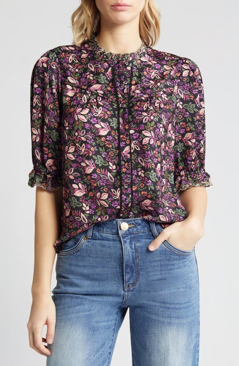 Print Ruffle Eyelet Shirt