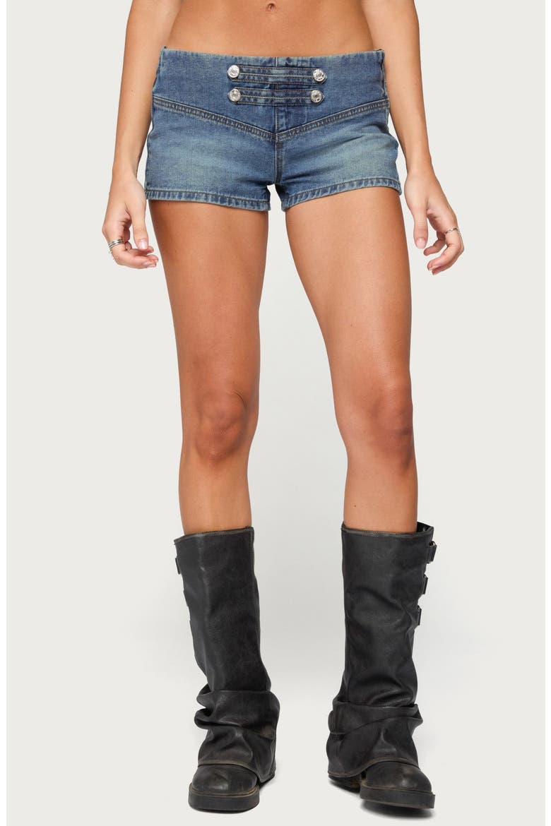 Jazzy Low Rise Denim Shorts, Main, color, LIGHT-BLUE-WASHED