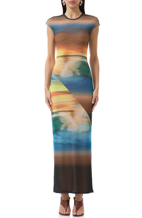 Cody Print Cap Sleeve Mesh Maxi Dress