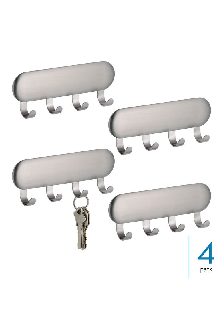 Self-Adhesive Key Rack with 4 Hooks - Set of 4 - Brushed, Alternate, color, Brushed SS