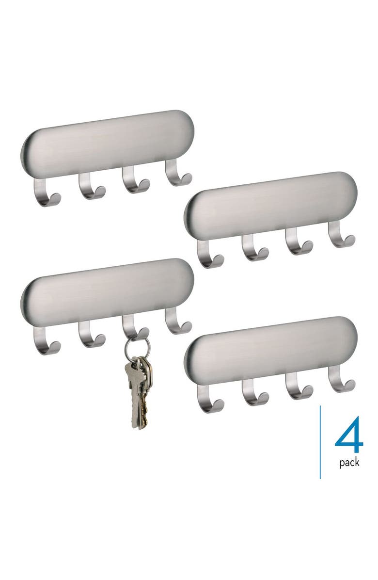 iDesign Self-Adhesive Key Rack with 4 Hooks - Set of 4 - Brushed, Alternate, color, Brushed Ss
