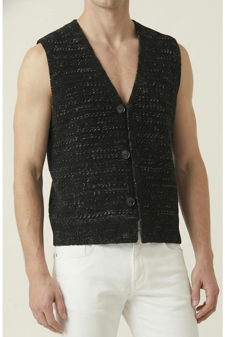 Textured Knit V Neck Button Front Vest, Main, color, Black