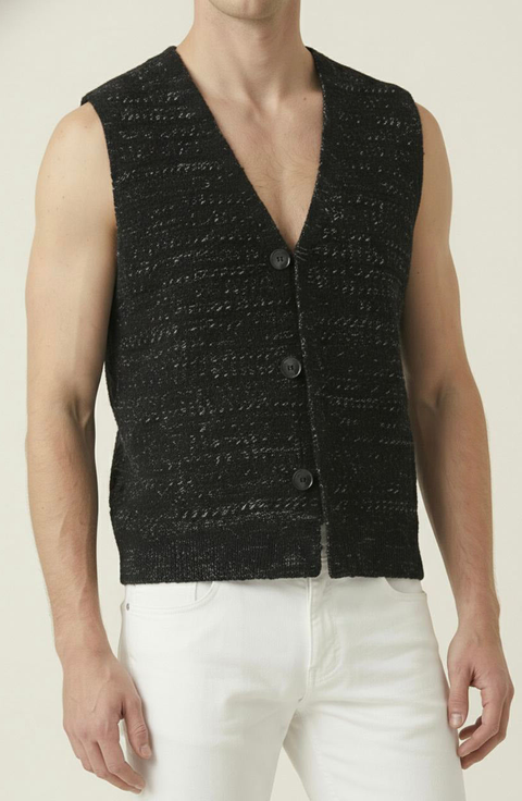Textured Knit V Neck Button Front Vest