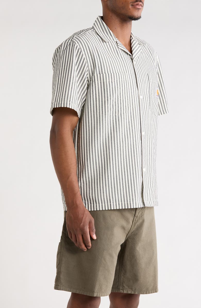 Carhartt Work In Progress Leavel Stripe Seersucker Cotton Blend Button-Up Bowling Shirt, Alternate, color, Leavel Stripe, Black / Wax