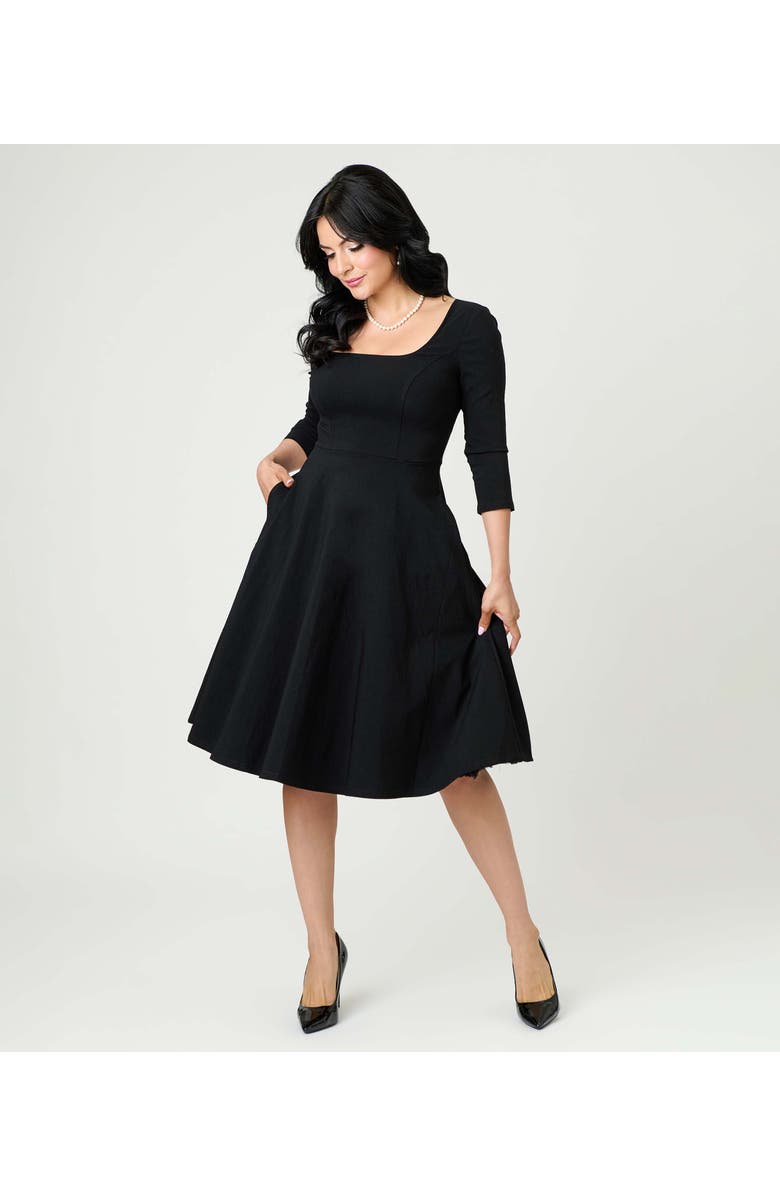 Unique Vintage Square Neck Pleated Swing Dress, Main, color, Onyx