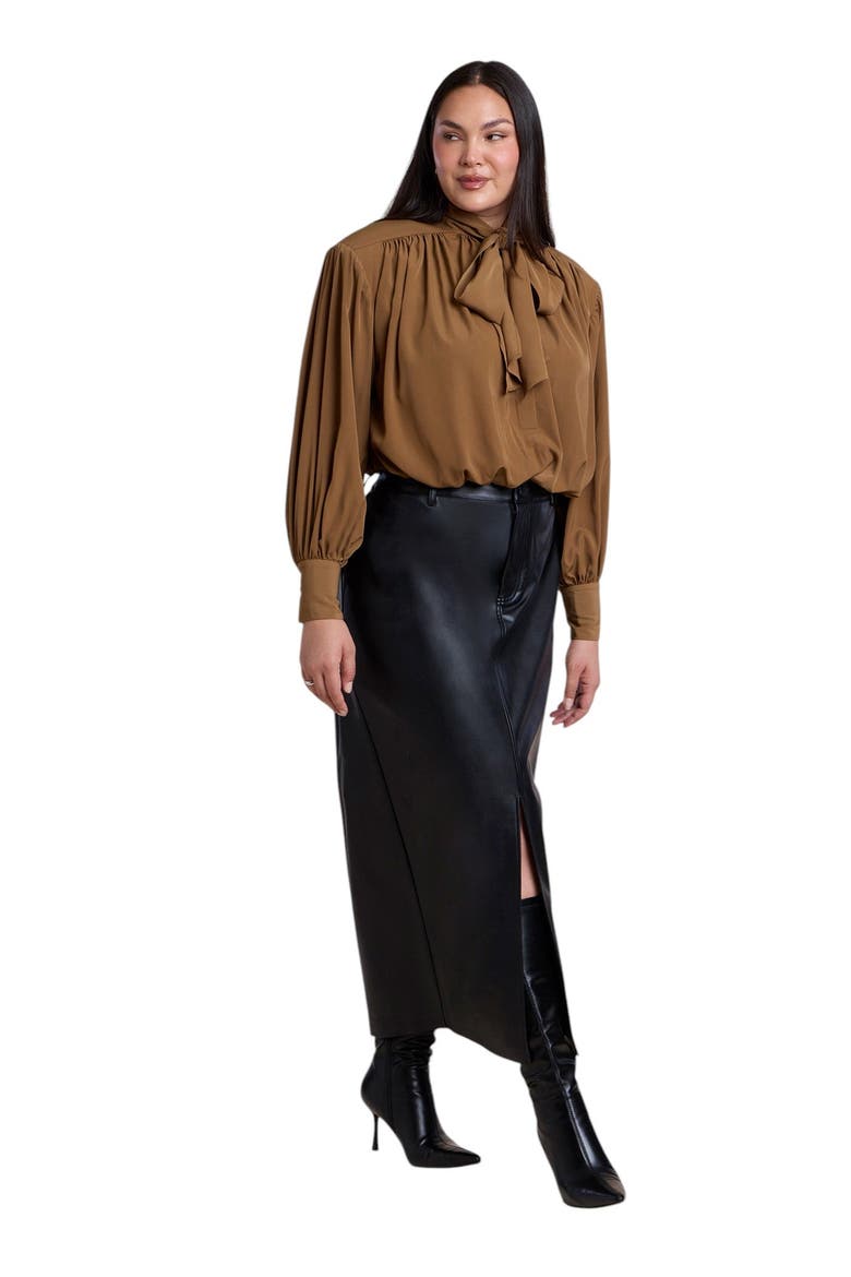 Power Shoulder Cropped Blouse With Neck Tie, Alternate, color, COCO MOCHA