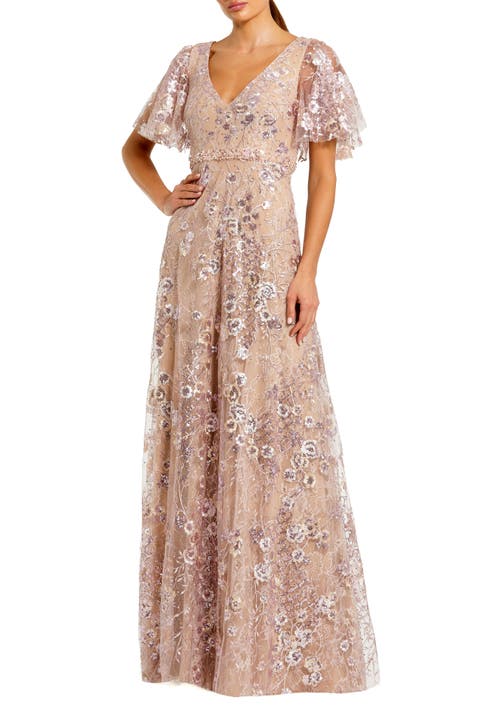 Lace Embellished Flutter Sleeve A-Line Gown