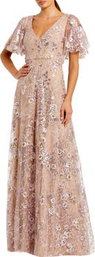 Mac Duggal Lace Embellished Flutter Sleeve A-Line Gown