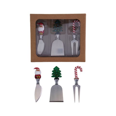 3-Piece Stainless Steel Cheese Knives with Hand-Blown Glass Holiday Icon Handle