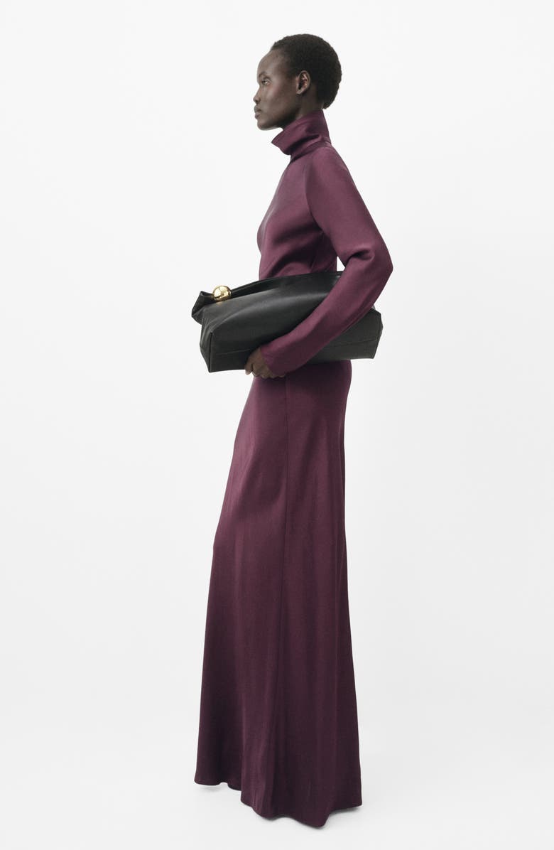 MANGO Selection Turtleneck Long Sleeve Satin Maxi Dress, Alternate, color, Burgundy