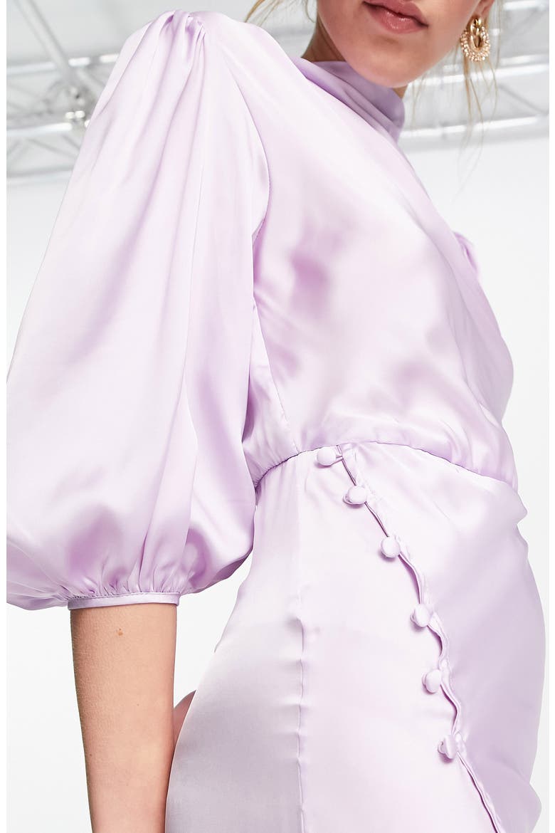 Pleated Cowl Neck Satin Midi Dress, Alternate, color, LILAC