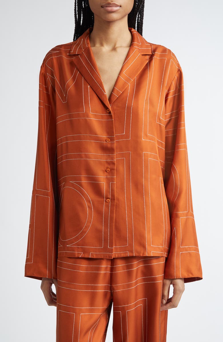 TOTEME Monogram Embroidered Silk Button-Up Shirt, Main, color, Terracotta