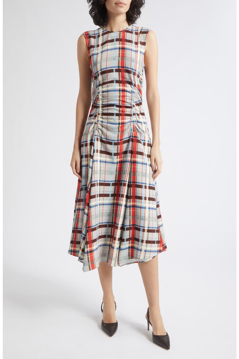 Gathered Midi Dress, Main, color, SCARLET GRID