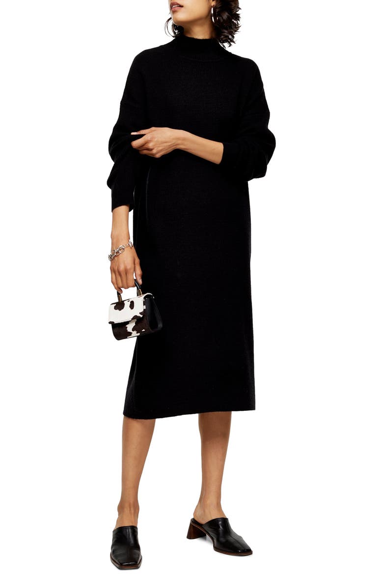 Ribbed Long Sleeve Funnel Neck Midi Sweater Dress, Main, color, BLACK