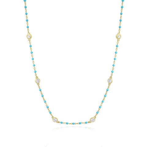 Light Blue Bead CZ Chain Necklace