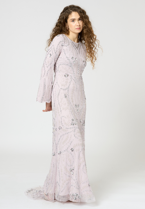 Shop Maryisa Occasion Modest Embellished Sequin Beaded Floral Evening Dress In Lilac