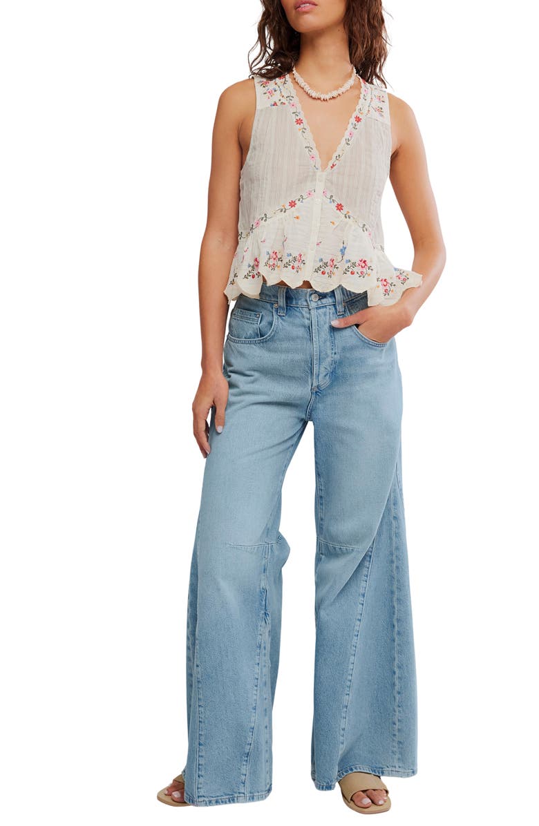 Free People Ellis Embroidered Cotton Button-Up Top, Alternate, color, Tea Combo