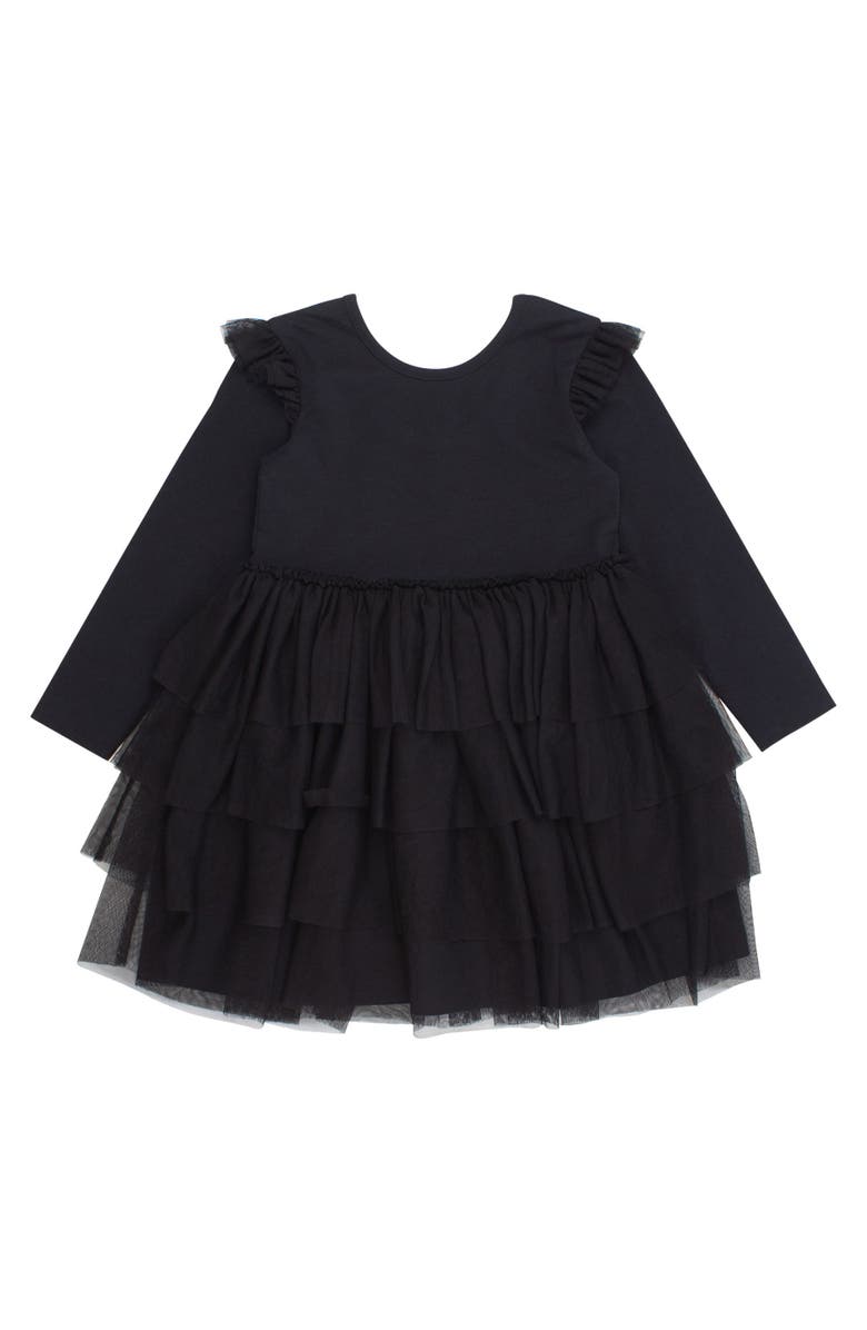 RuffleButts Toddler Girls Flutter Tulle Long Sleeve Twirl Dress, Main, color, Black