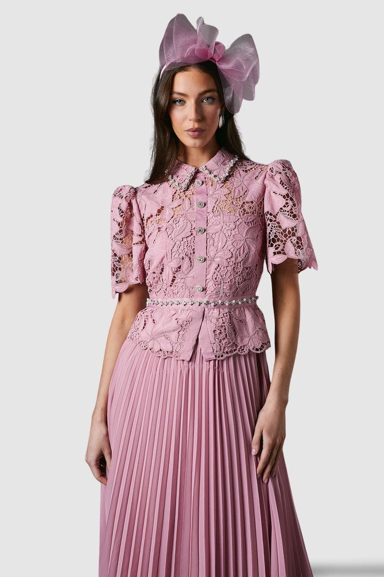 Lace Top Pleat Skirt Jewel Button Dress, Alternate, color, Pink