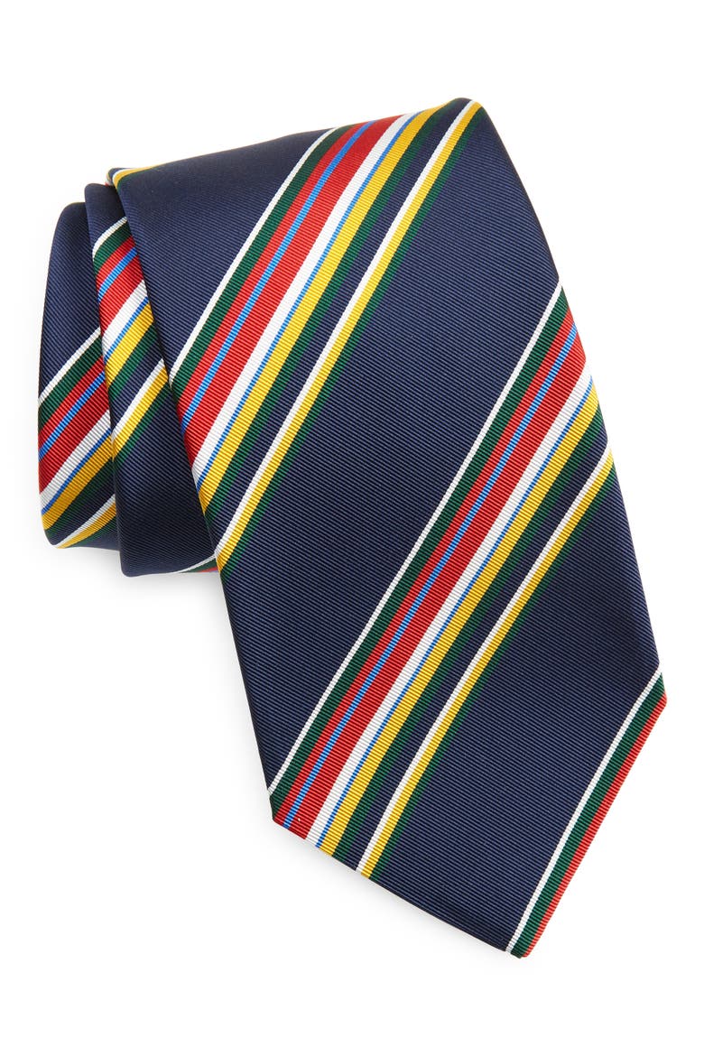 Track Stripe Silk & Cotton Tie, Main, color, NAVY MULTI