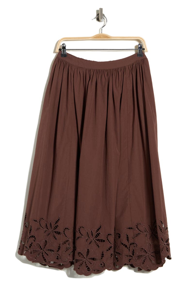 Schiffly Cotton Eyelet Midi Skirt, Alternate, color, BROWN ROAST