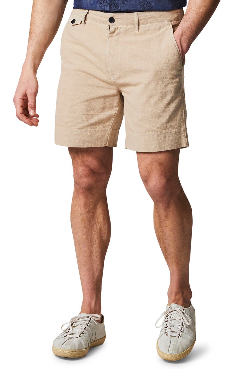 Billy Reid Flat Front Textured Cotton Shorts, Main, color, Khaki