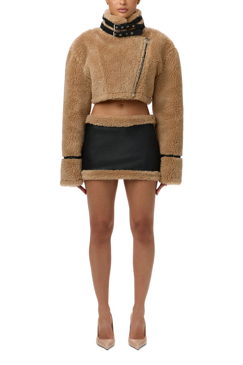 Faux Shearling Miniskirt, Alternate, color, BLACK/ TAN