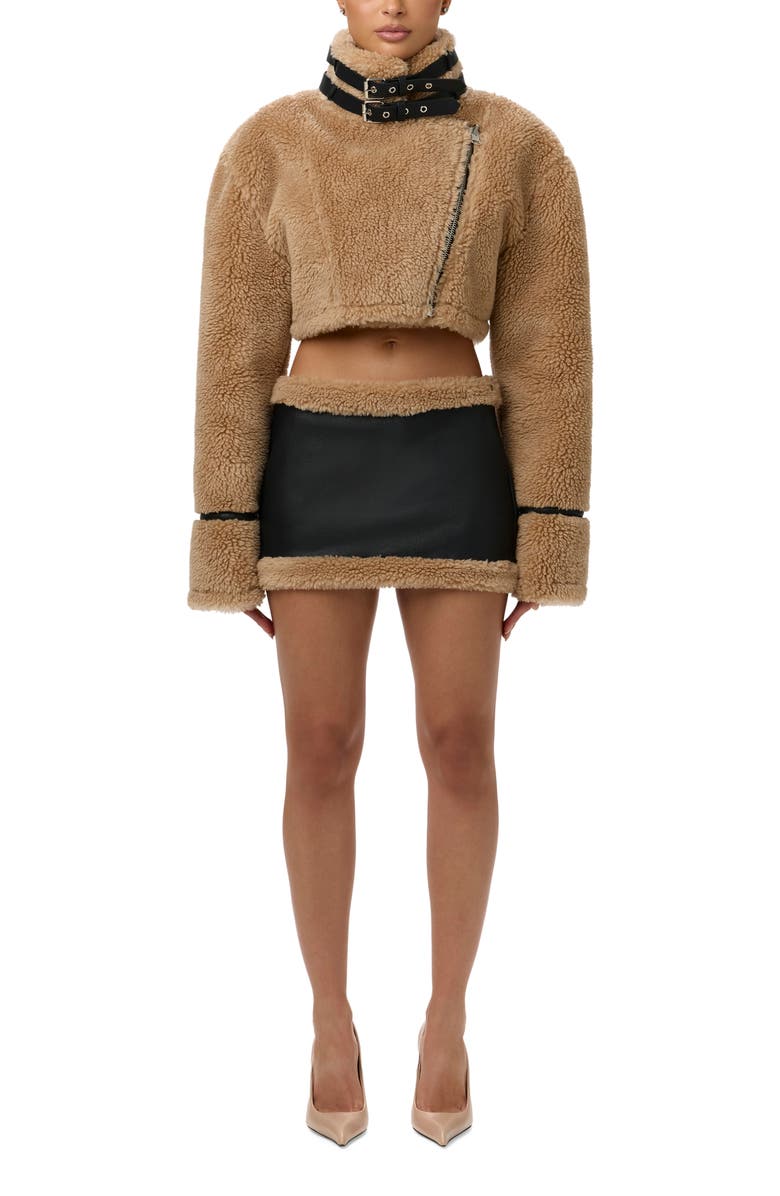 Naked Wardrobe Faux Shearling Miniskirt, Alternate, color, Black/ Tan