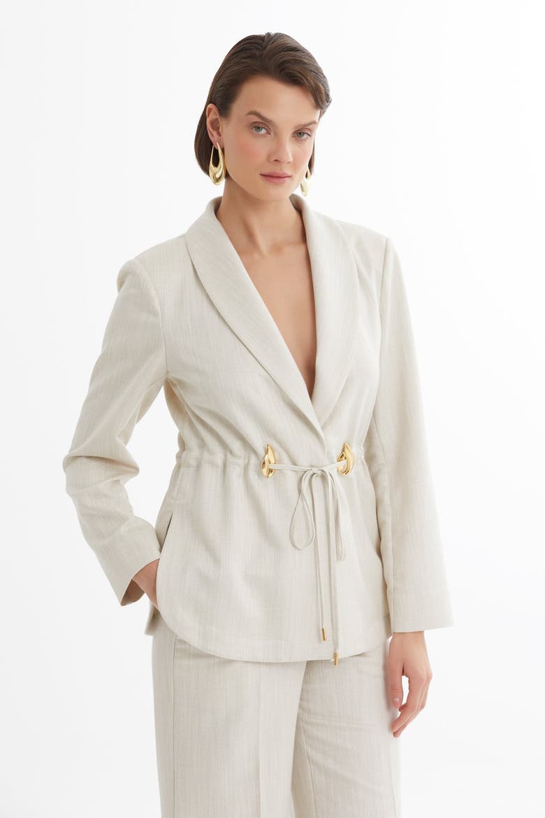 Ecru Shawl Collar Drawstring Waist Blazer and Pants Set, Alternate, color, Ivory