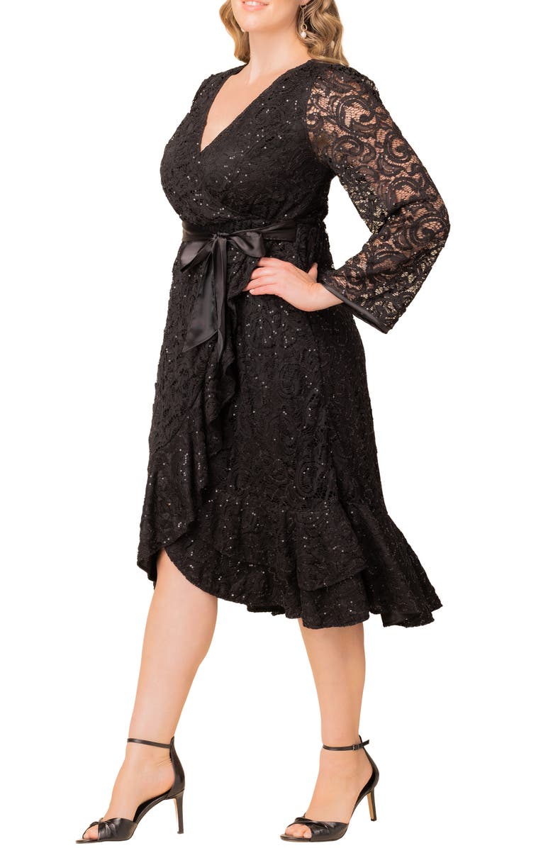 Kiyonna Cosmopolitan Sequin Lace Long Sleeve Cocktail Dress, Alternate, color, Onyx