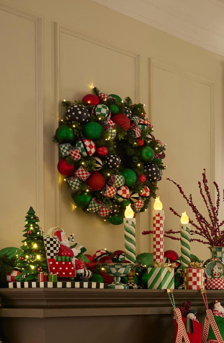 MACKENZIE CHILDS Check It Out Illuminated Holiday Wreath, Alternate, color, Green