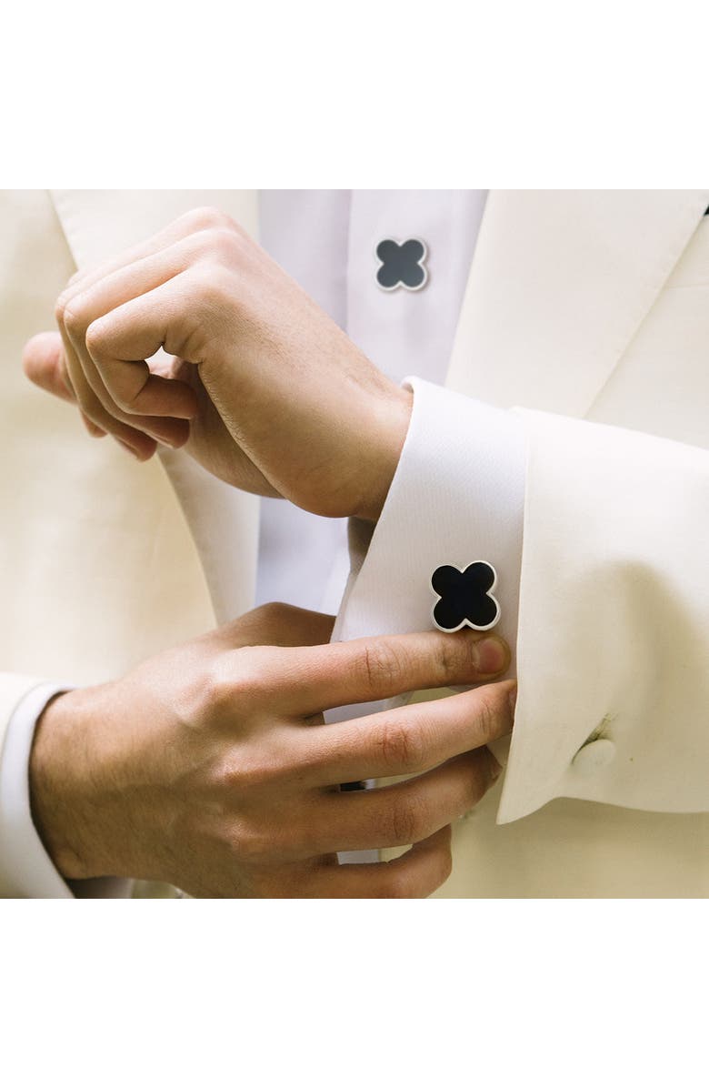 Jan Leslie Four Leaf Clover Sterling Cufflinks & Studs, Alternate, color, Black