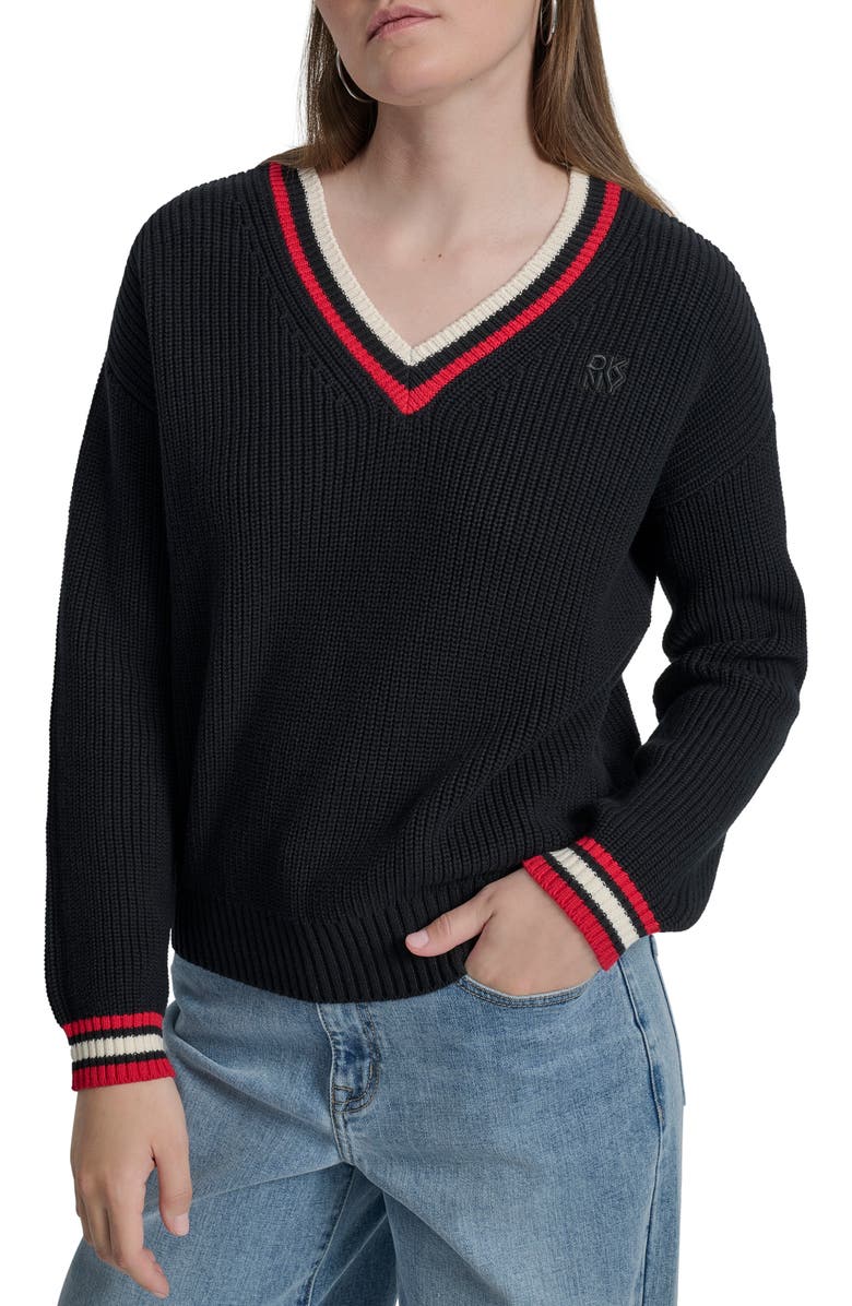 DKNY Jeans V-Neck Shaker Stitch Cotton Sweater, Main, color, 