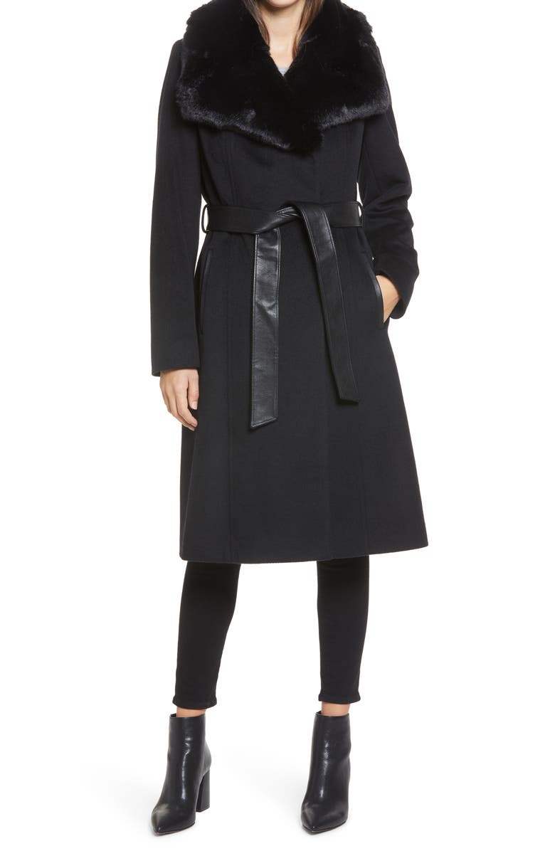 Via Spiga Faux Fur Trim Belted Wool Blend Coat, Main, color, 