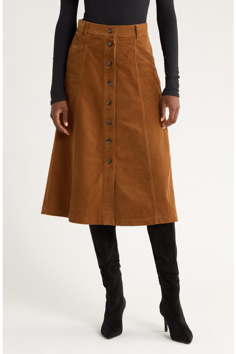 Jahn Corduroy Midi Skirt, Main, color, COGNAC