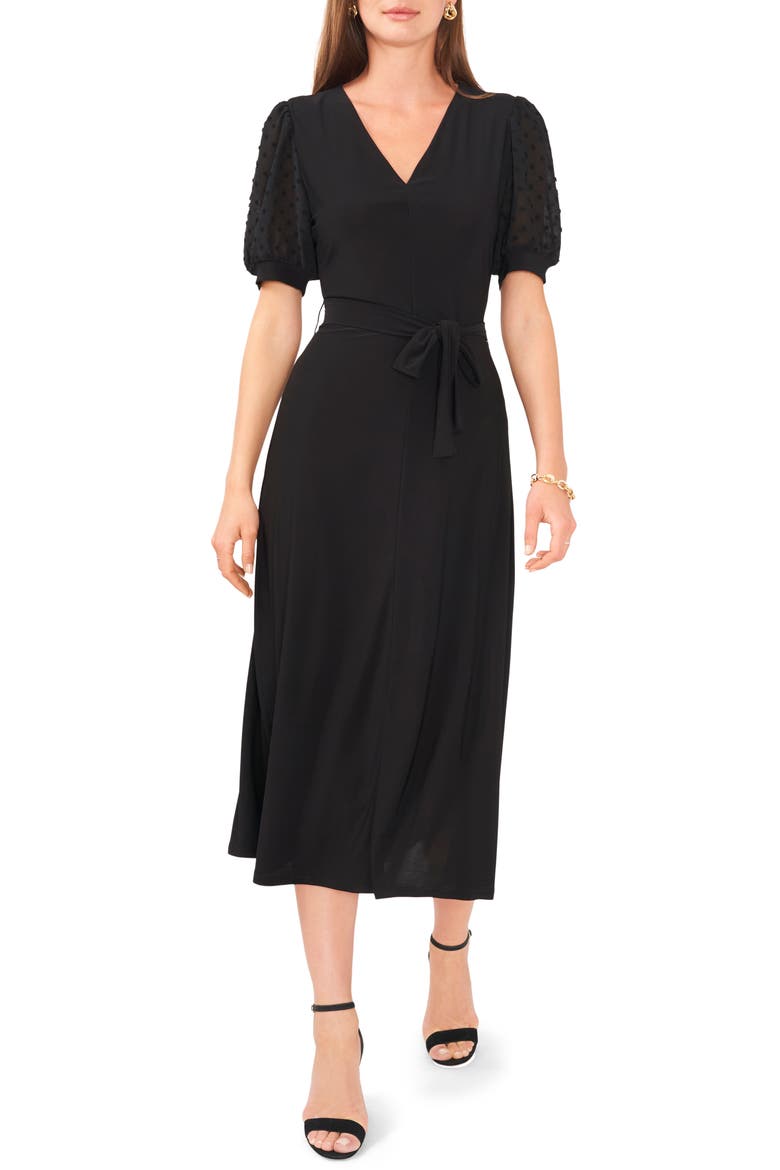 Clip Dot Puff Sleeve Tie Front Midi Dress, Main, color, BLACK