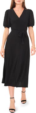 Chaus Clip Dot Puff Sleeve Tie Front Midi Dress