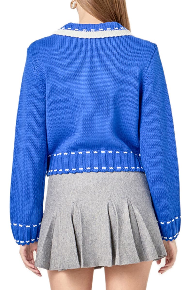 English Factory Bow Cardigan, Alternate, color, Blue/ White