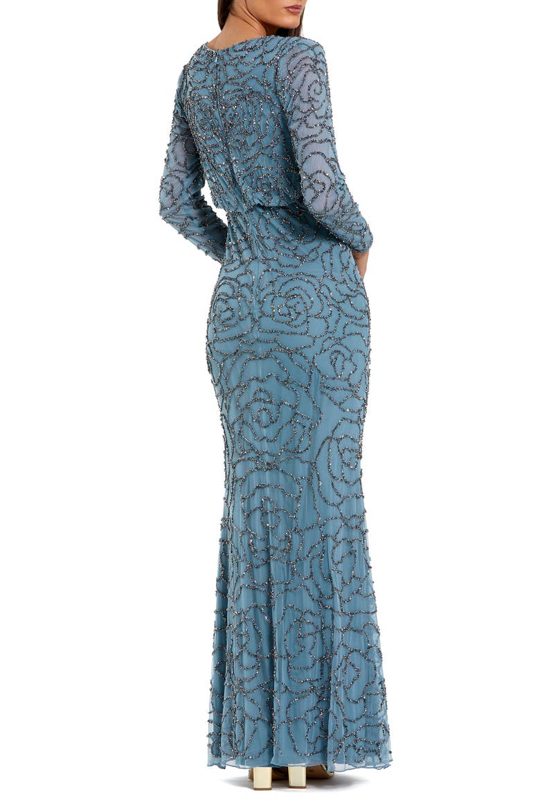 Long Sleeve Floral Beaded Blouson Gown, Alternate, color, Smoky Blue