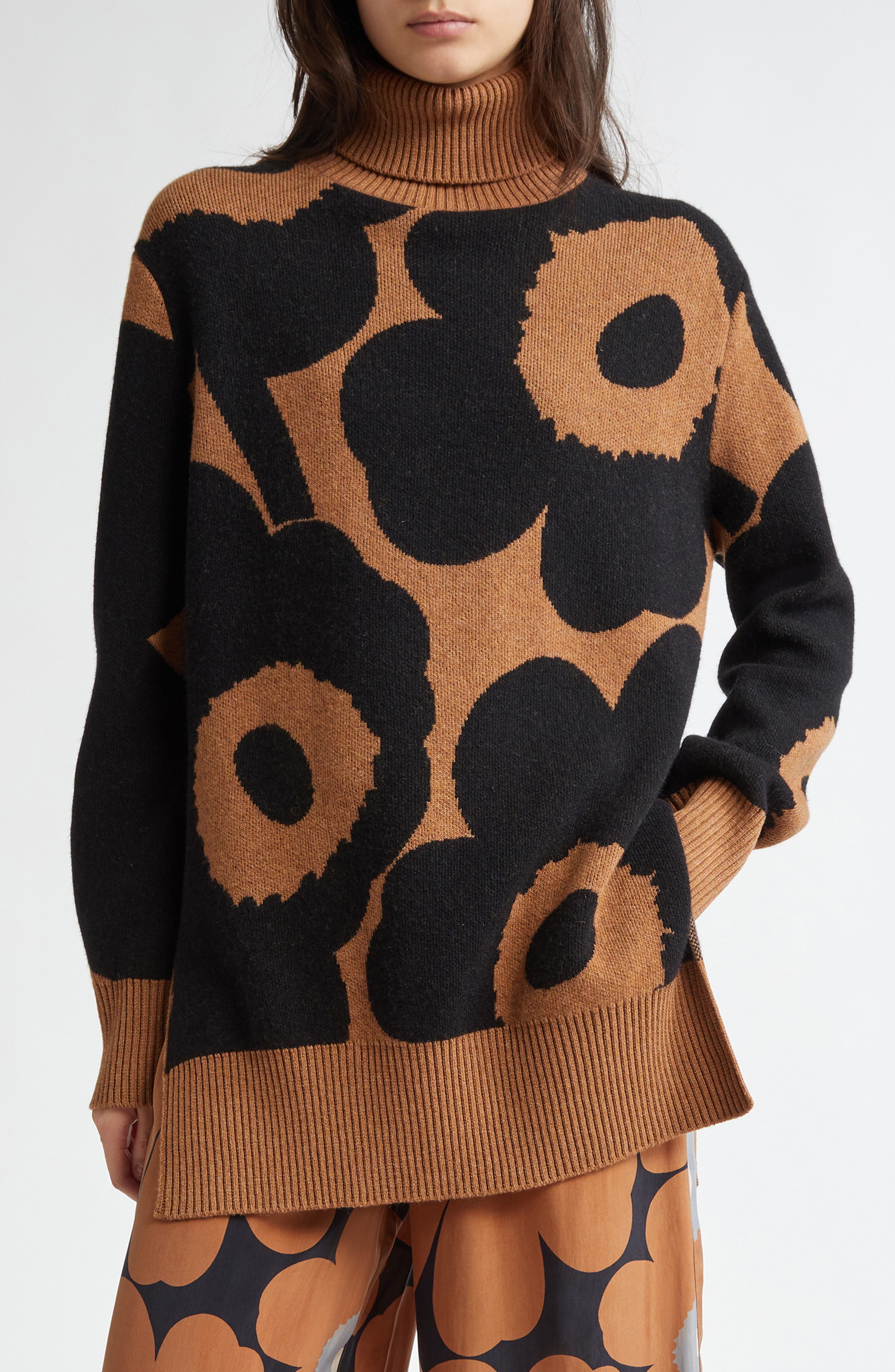 Marimekko Vinni Unikko Wool Turtleneck Sweater in Black Brown 