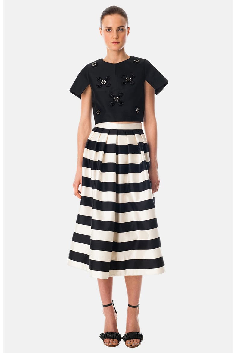 'Escalante' Stripe Print Pleated Silk Midi Skirt, Main, color, BLACK/ CREAM
