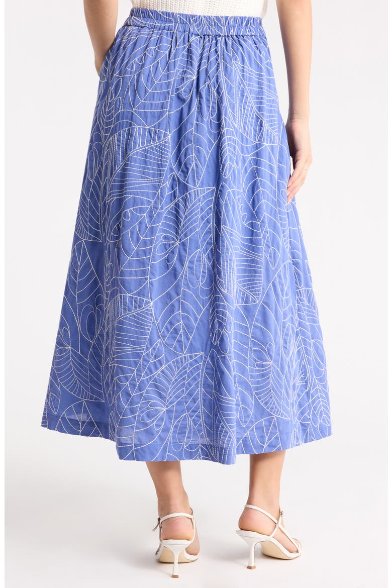 Embroidered Cotton Midi Skirt, Alternate, color, BLUE-WHITE LEAF EMBR