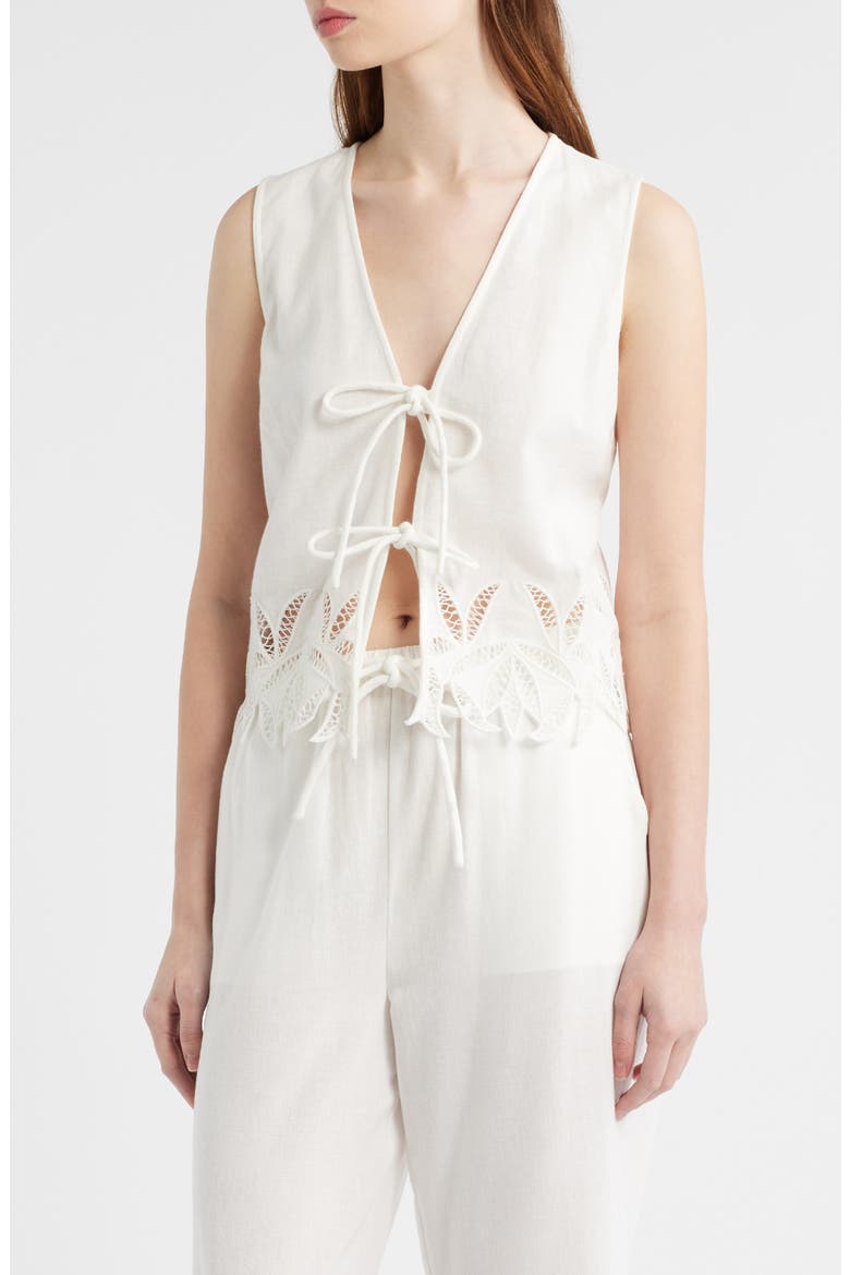 Oregon Embroidered Eyelet Sleeveless Cotton & Linen Tie Front Top, Main, color, WHITE PALM EMBROIDERY