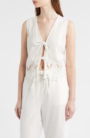 Rails Oregon Embroidered Eyelet Sleeveless Cotton & Linen Tie Front Top